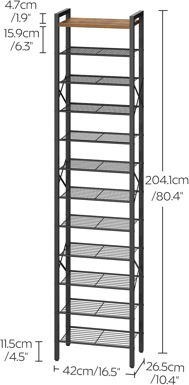 12-Tier Narrow Shoe Rack, Tall Shoe Rack for 12-24 Pairs, Slim Shoe Storage Organizer with Wooden Top, Space Saving, Metal Frame, for Entryway, Rustic Brown and Black SS61BR