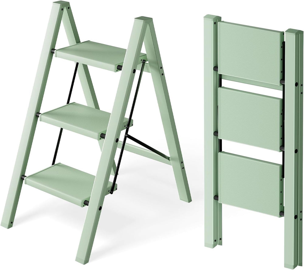 HillhutApex Aluminum Step Stool Foldable,3 Step Ladder (Pale Green)