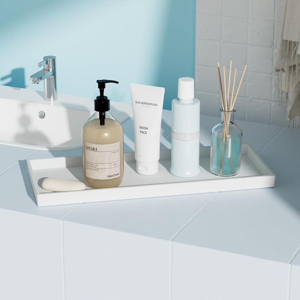 Vanity and Bathroom Tray, 15" ABS Countertop Organizer,Waterproof Vanity Tray for Toilet Tank,Perfume,Soap,Keys,Bathroom Accessories,Kitchen and Bath Trays,Non Slip Small Trays,White,2 Pack