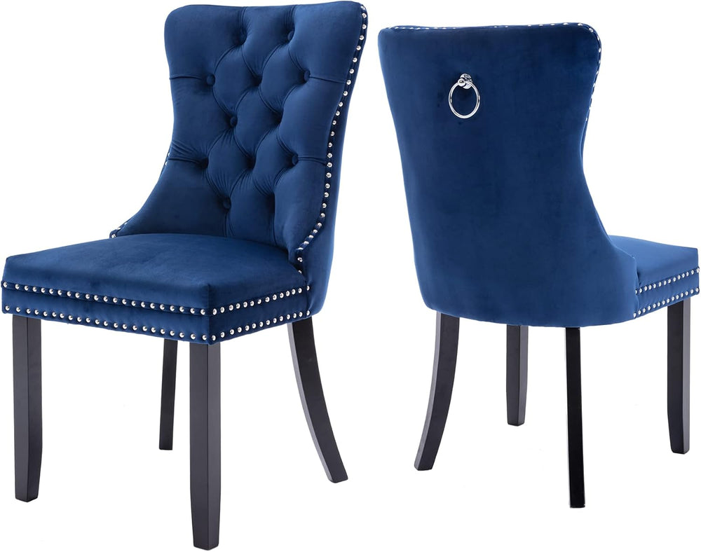 Virabit Blue Set of 2, Velvet Tufted Dining Chairs with Nailhead Back and Rin...
