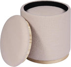 PINPLUS Round Ottoman with Storage Set of 2, Vanity Stool with Storage, Small Ottoman with Tray Teddy Velvet Foot Rest Stool Ottoman for Bedroom, Living Room, Dorm (Beige)