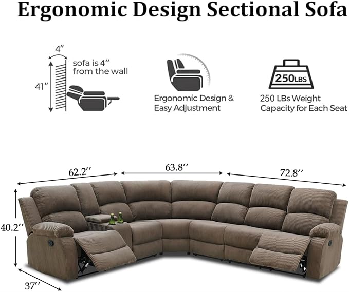 Manual Recliner Sectional Sofa Set, Corduroy L Shaped Living Room Furniture Sets, Reclining Corner Couch Set with Drop-Down Table/Storage Console/Cup Holders for Home Office (Peanut, Sectional)