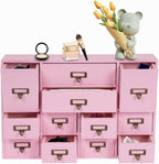 12-Drawer Wooden Storage Cabinet Organizer, Apothecary Cabinet Vintage Library Card Catalog Cabinets for Countertop Apothecary Tea Coffee Pod Storage (Pink)