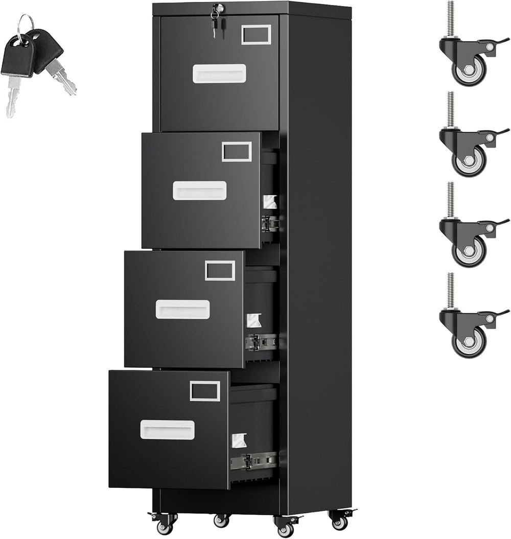 Reemoon Metal 4 Drawer File Cabinet with Lock and Wheels, Black | 17.72"...