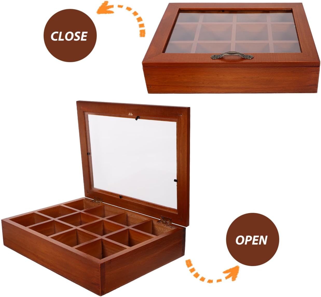 Baluue 12 Compartment Tea Bag Organizer Box with Clear Acrylic Lid Decorative Wood Grain Packet Holder Case Storage Chest Container for Kitchen Countertop Cabinet