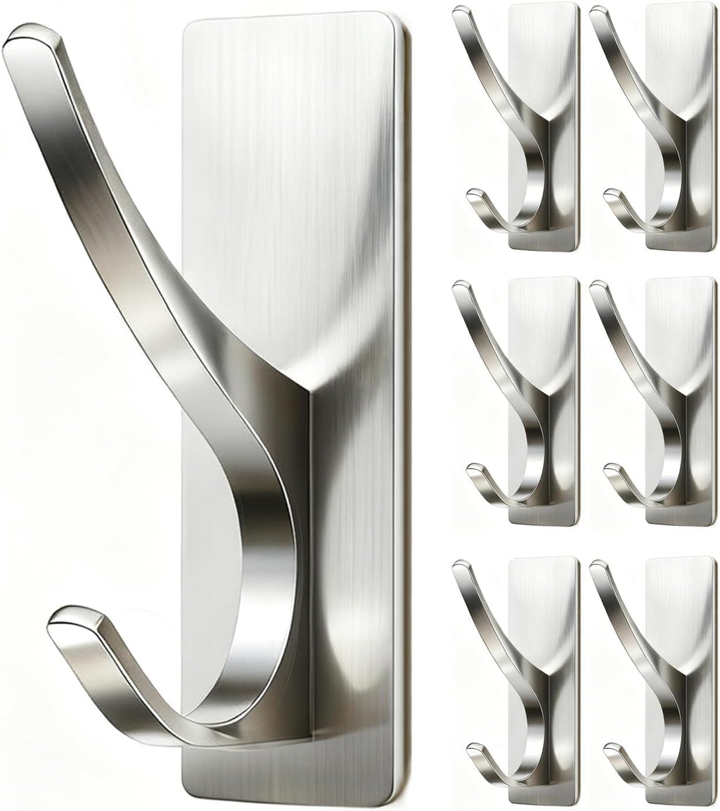 pickpiff Self Adhesive Coat Hooks for Hanging: Heavy Duty Stainless Wall Hook for Towel, Backpack, Hat, Sturdy Metal Hanger for Bathroom, Bedroom, Door, Brushed Nickel, 6-Pack