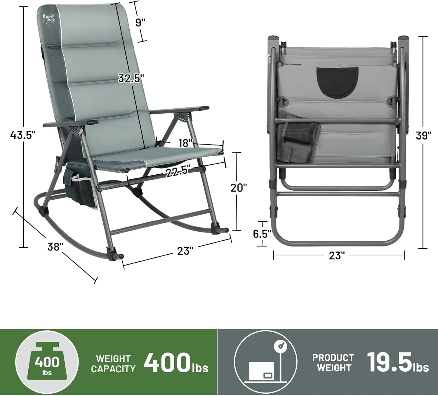 Timber Ridge Oversized Folding Rocking Camping Chair, Padded Outdoor Rocker with High Back, Portable Outdoor Chair for Patio, Garden, Lawn, Supports up to 400 lbs, Gray | Foldable Padded Outdoor Rocker with High Back, Portable Outdoor Chair for Patio