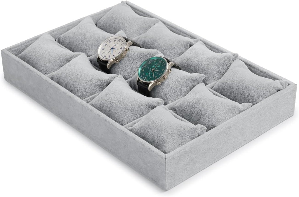 12 Grids Velvet Watch Tray Watch Holder Organizer Storage Tray For Men Women (Gray)