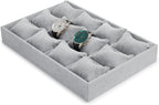 12 Grids Velvet Watch Tray Watch Holder Organizer Storage Tray For Men Women (Gray)