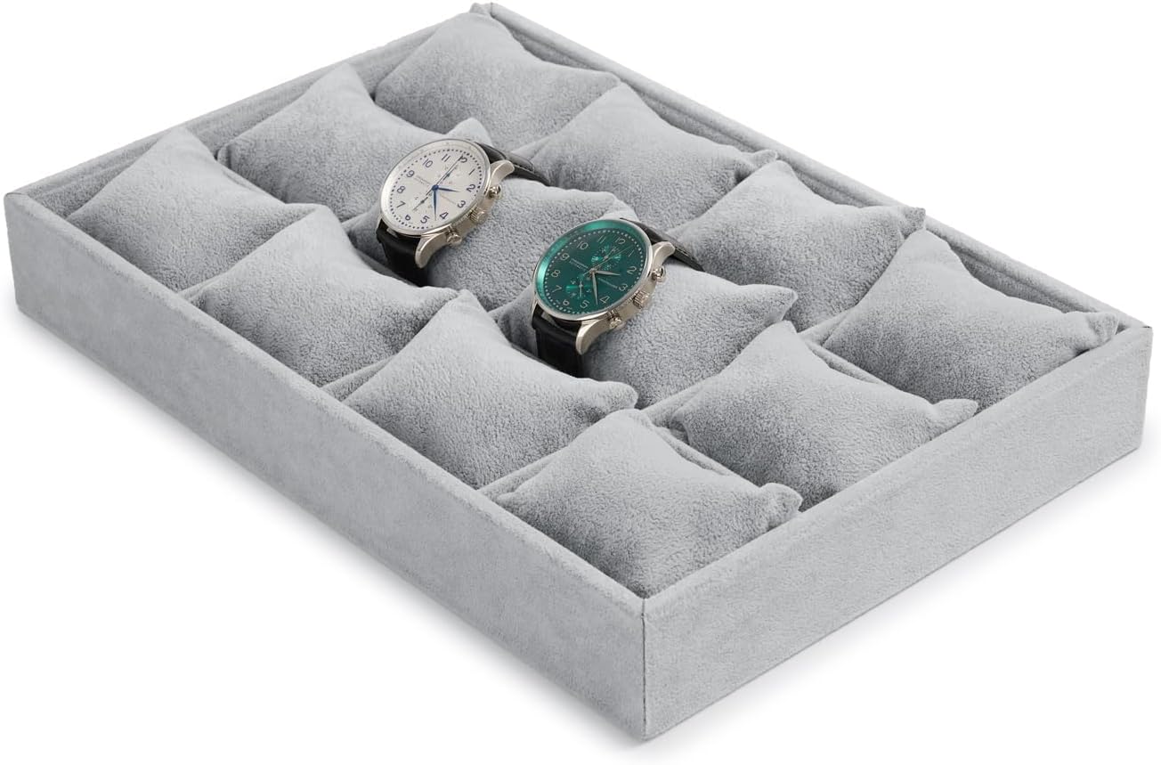 12 Grids Velvet Watch Tray Watch Holder Organizer Storage Tray For Men Women (Gray)