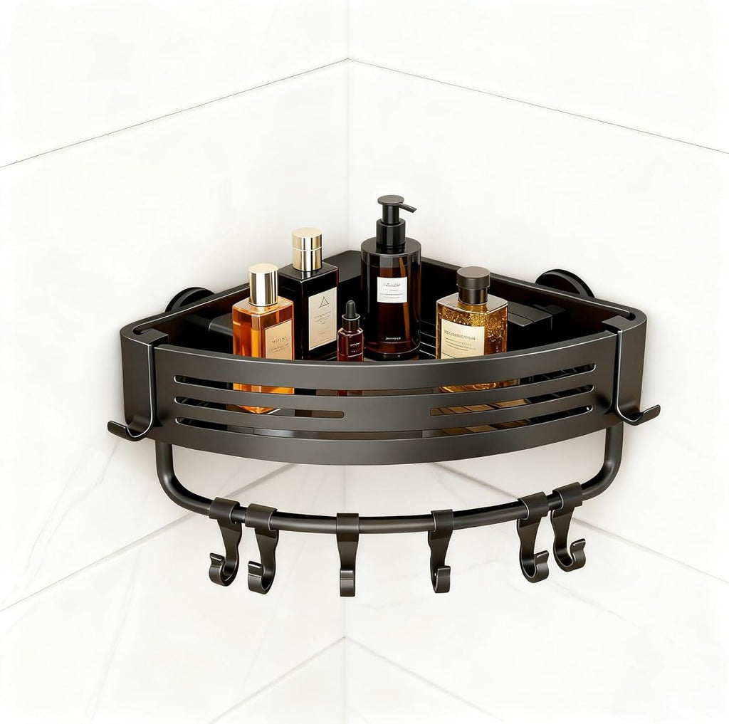 Aluminum Corner Shower Caddy, Rust Proof Bathroom Organizer with Suction Cup, Press Fit Tripod Design, Storage Rack for Shampoo