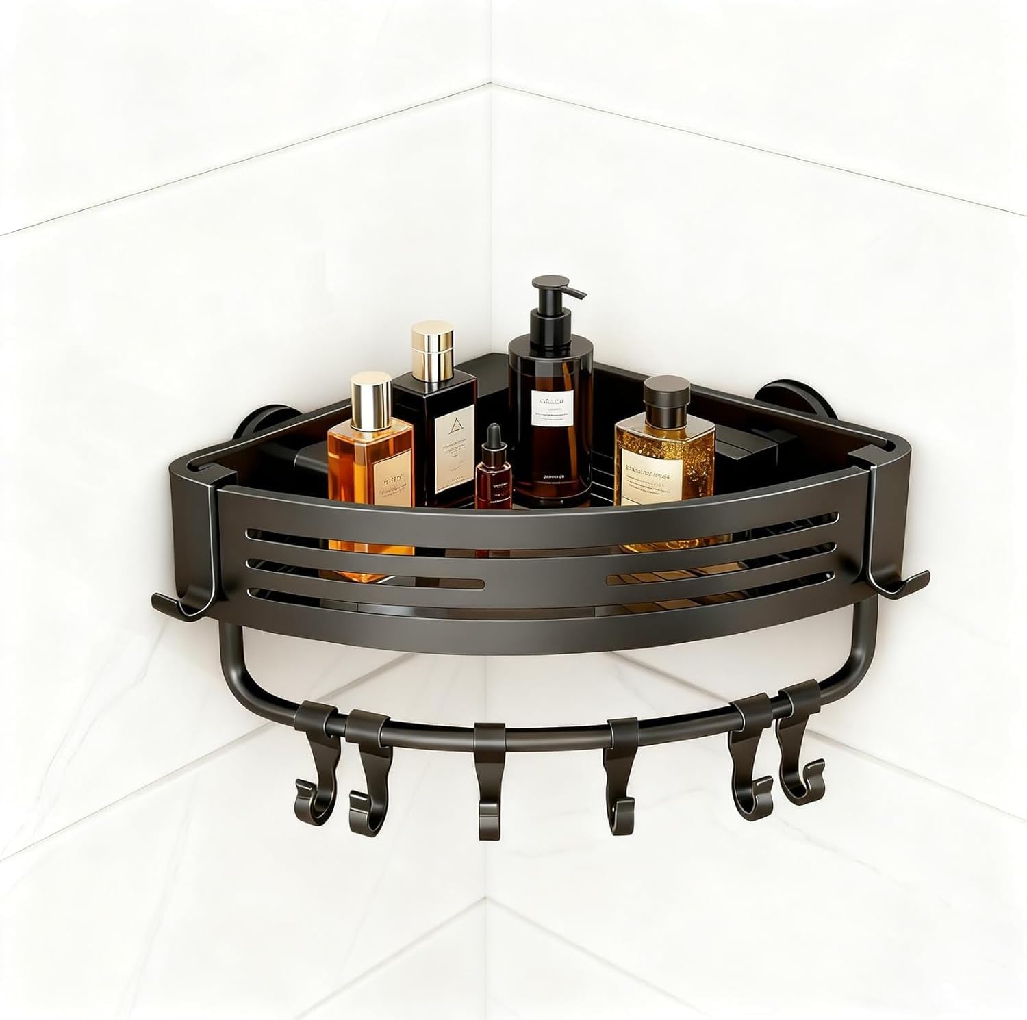 Aluminum Corner Shower Caddy, Rust Proof Bathroom Organizer with Suction Cup, Press Fit Tripod Design, Storage Rack for Shampoo