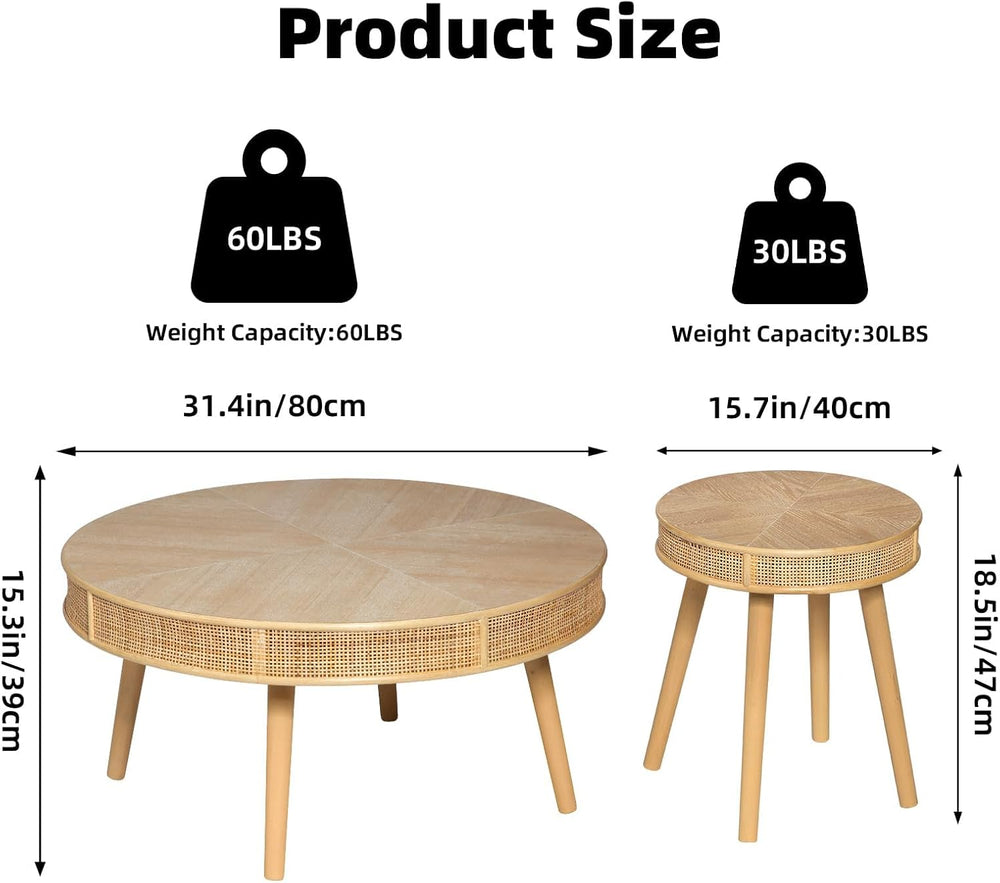 RUSTOWN 2-Piece Farmhouse Coffee Table, Modern Round Rattan Side Tables | Rus...