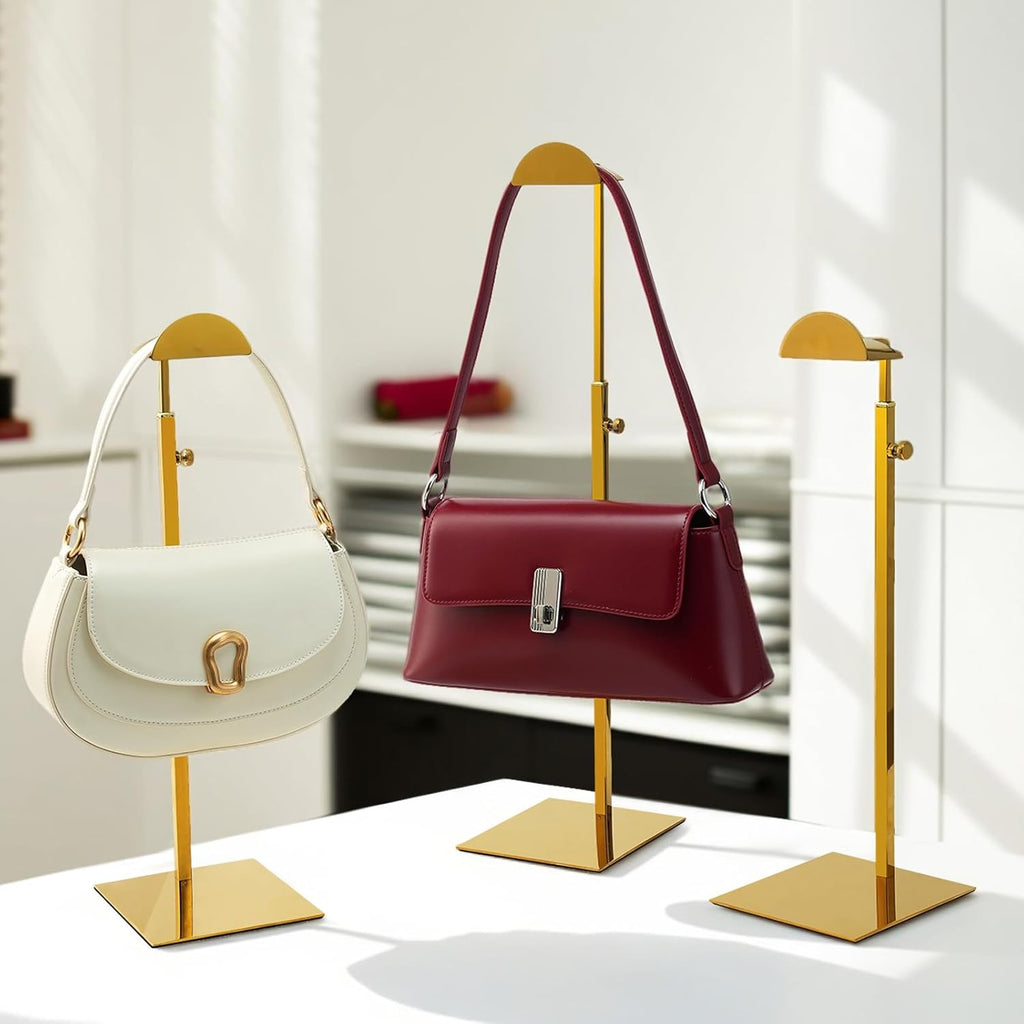 Purse Display Stands - 3PCS Stainless Steels Purse Stand Holder Adjustable Height Purse Display for Retail Luxury Bag Organizer Home Store Boutique Retail Closet Gold Color