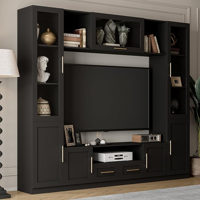 4-Piece Wall Unit TV Stand for TVs Up to 70", Modern Entertainment TV Wall Unit with LED Light, Large Wall Media Center for Living Room, Black