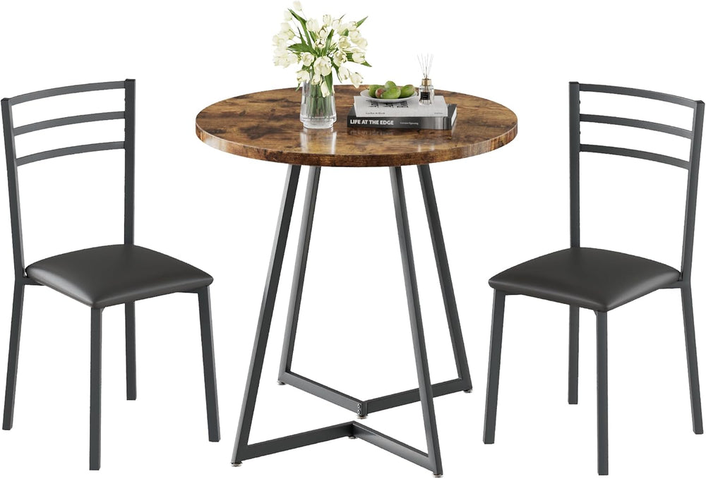 VECELO Small Round Kitchen Table with 2 Upholstered Chairs, 3-Piece Wood Dine...