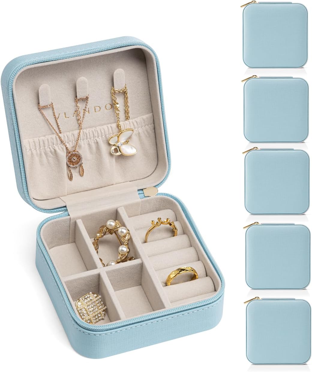 VLANDO Travel Jewelry Case, Compact Design, Necklace Hook, Anti-Tangle | Removable Dividers, Waterproof PU Leather, Scratch-Resistant Lining, Portable Storage for Rings, Earrings, Necklace，Bracelet