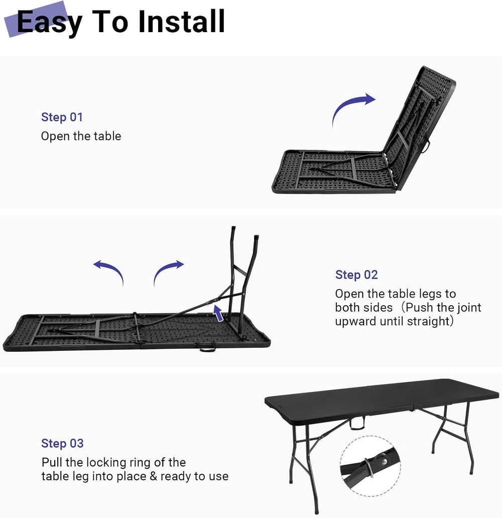 6ft Folding Table, Portable Heavy Duty Plastic Table for Party, Black | Fold-...