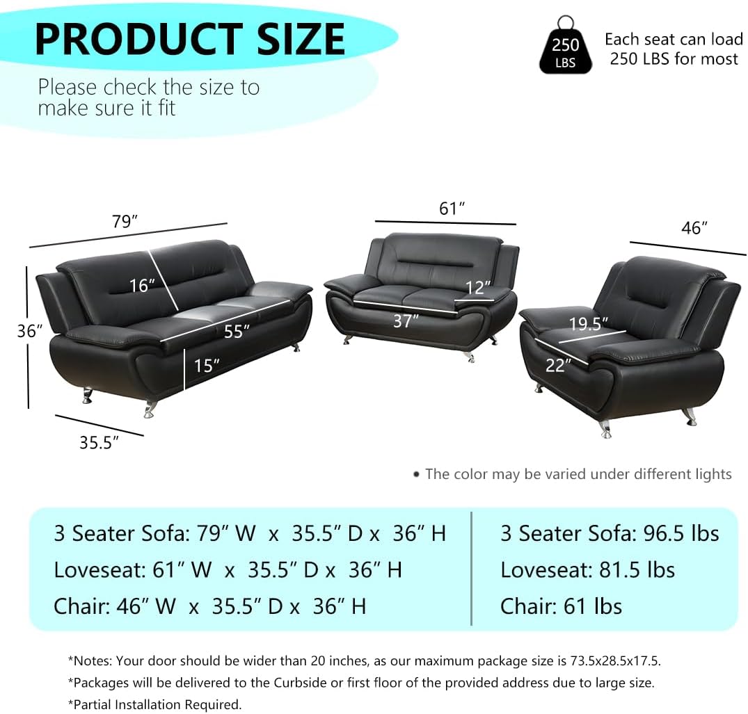 3 Piece Living Room Furniture Set, Contemporary Sectional Sofa Couches, Black Leather Sofa Set with Metal Feet, Faux Leather Modern Couch & 2 Chairs for Living Room/Office/Club, 3+1+1, Black#2