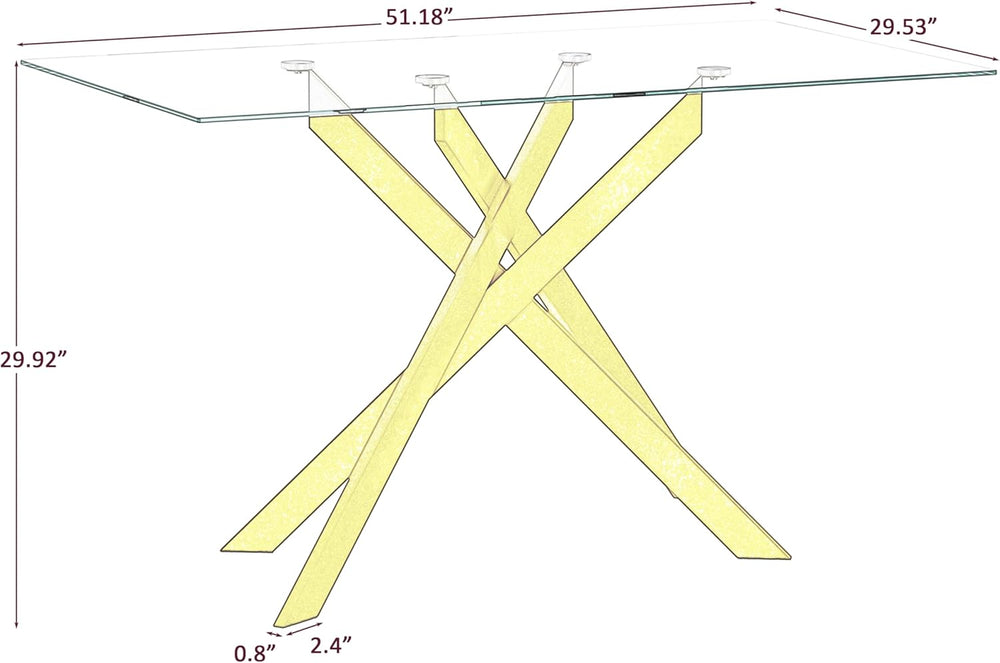 Gold Glass Dining Table for 4 Modern 51.2" Rectangular Kitchen Dining Ro...
