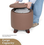 Athena Collection 15 Inch Small Ottoman with Storage, Round PU Leather Storage Ottoman Foot Rest with Removable Lid, Multipurpose Footstool Footrest for Living Room, Bedroom, Dorm, Brown