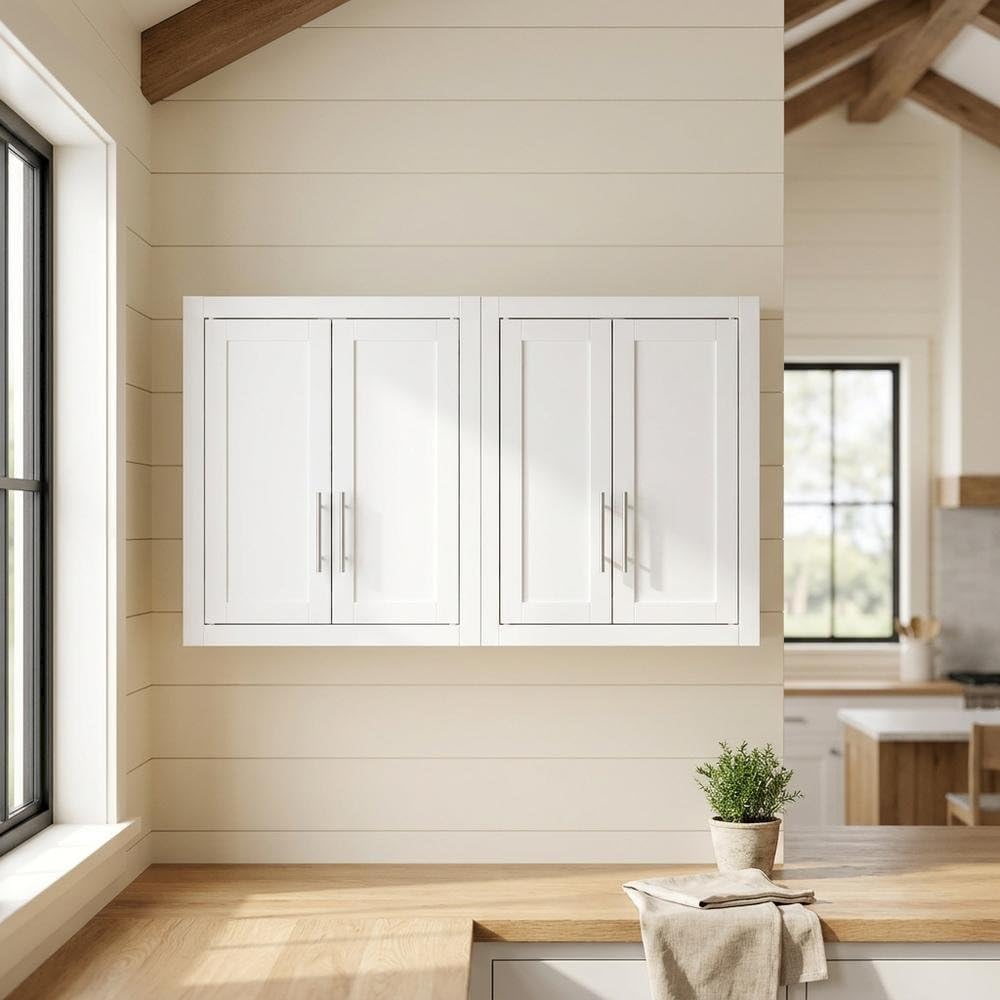 Furnifact White 2-Piece Wall Kitchen Cabinet Set, MDF Birch Veneer, Floating ...