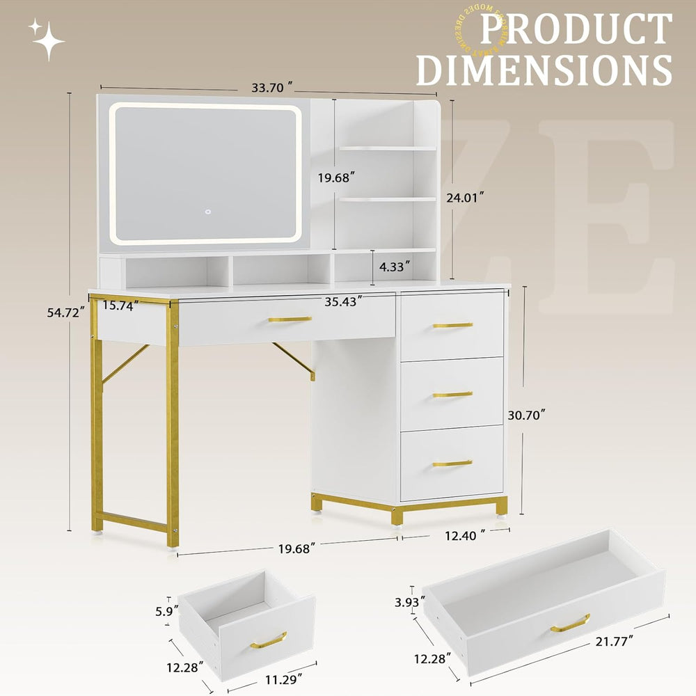 COMHOMA Vanity Desk with Mirror and Lights, Makeup Vanity Table with 4 Drawer...