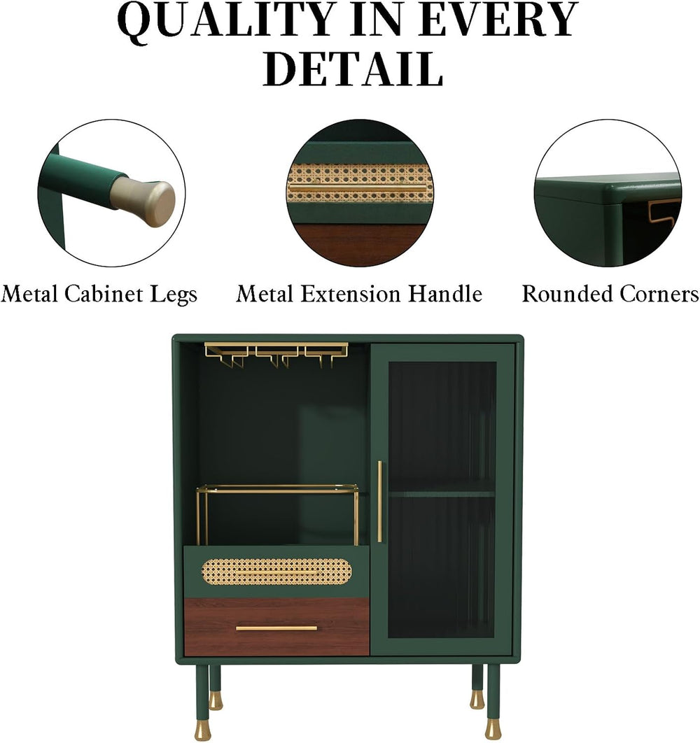 ARTPOWER Modern Coffee Bar Cabinet with Pull-Out Wine Storage, Green | Bar Ca...