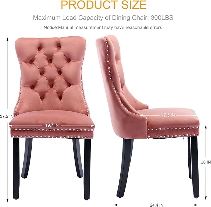 Pink Velvet Dining Chairs Set of 2, Tufted Upholstered Dining Room Chairs with Back Ring Pull, Nailhead Trim and Solid Wood Legs, Modern Dining Chairs for Dining Room, Kitchen,Pink