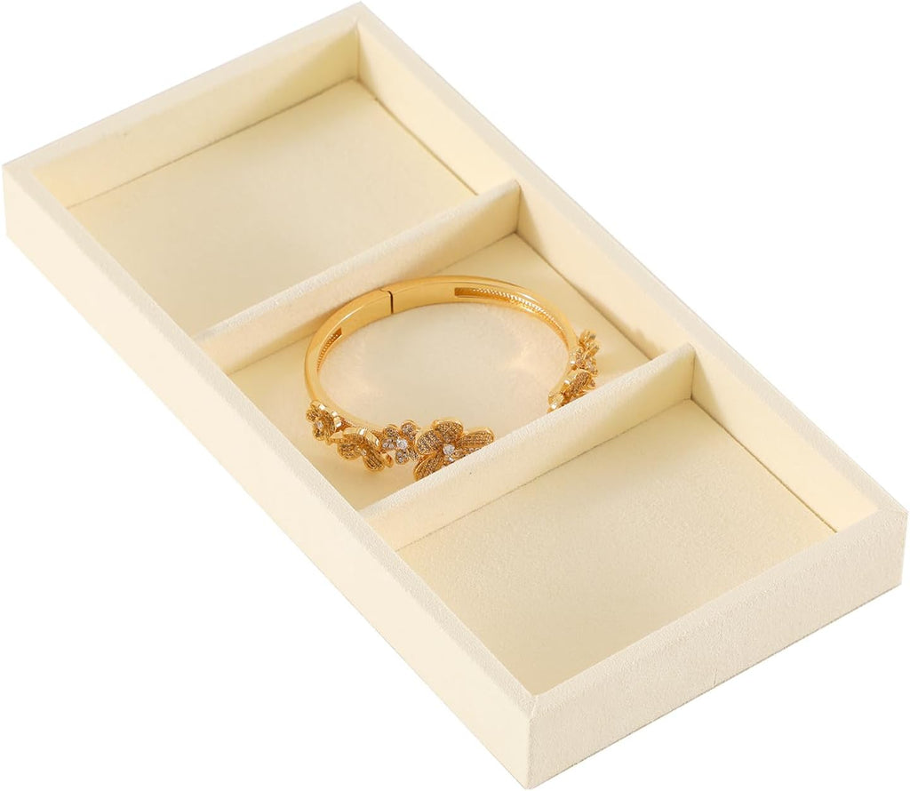 Dark Blue Jewelry Display Tray Ring Necklace Earring Bangle Organizer Multifunctional Storage Case for Jewelry Showcase (Long 3 Grids Tray(beige))