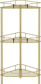 3 Tier Floor Standing Corner Shower Caddy Organizer Shelf with Hooks, Bathroom Shelves Stand Rack, Gold