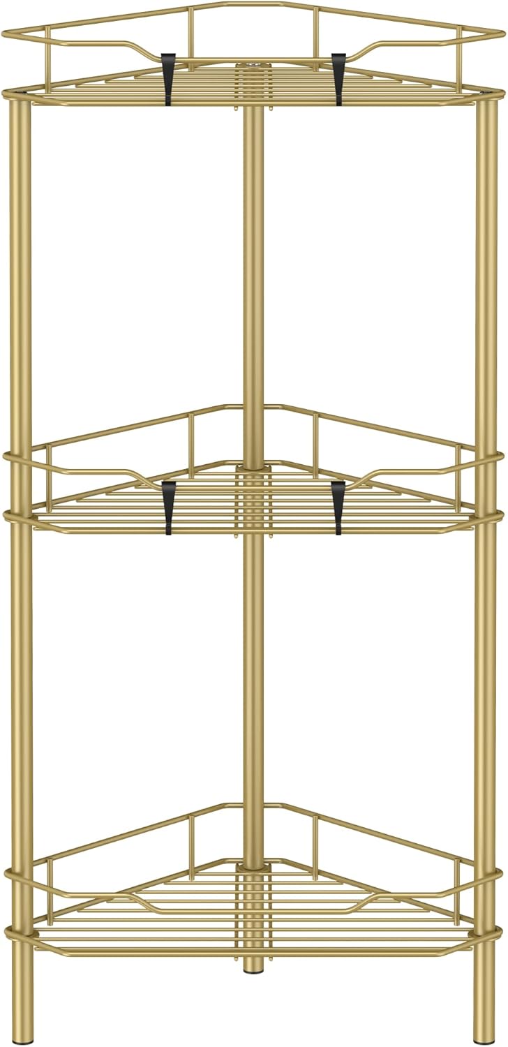 3 Tier Floor Standing Corner Shower Caddy Organizer Shelf with Hooks, Bathroom Shelves Stand Rack, Gold