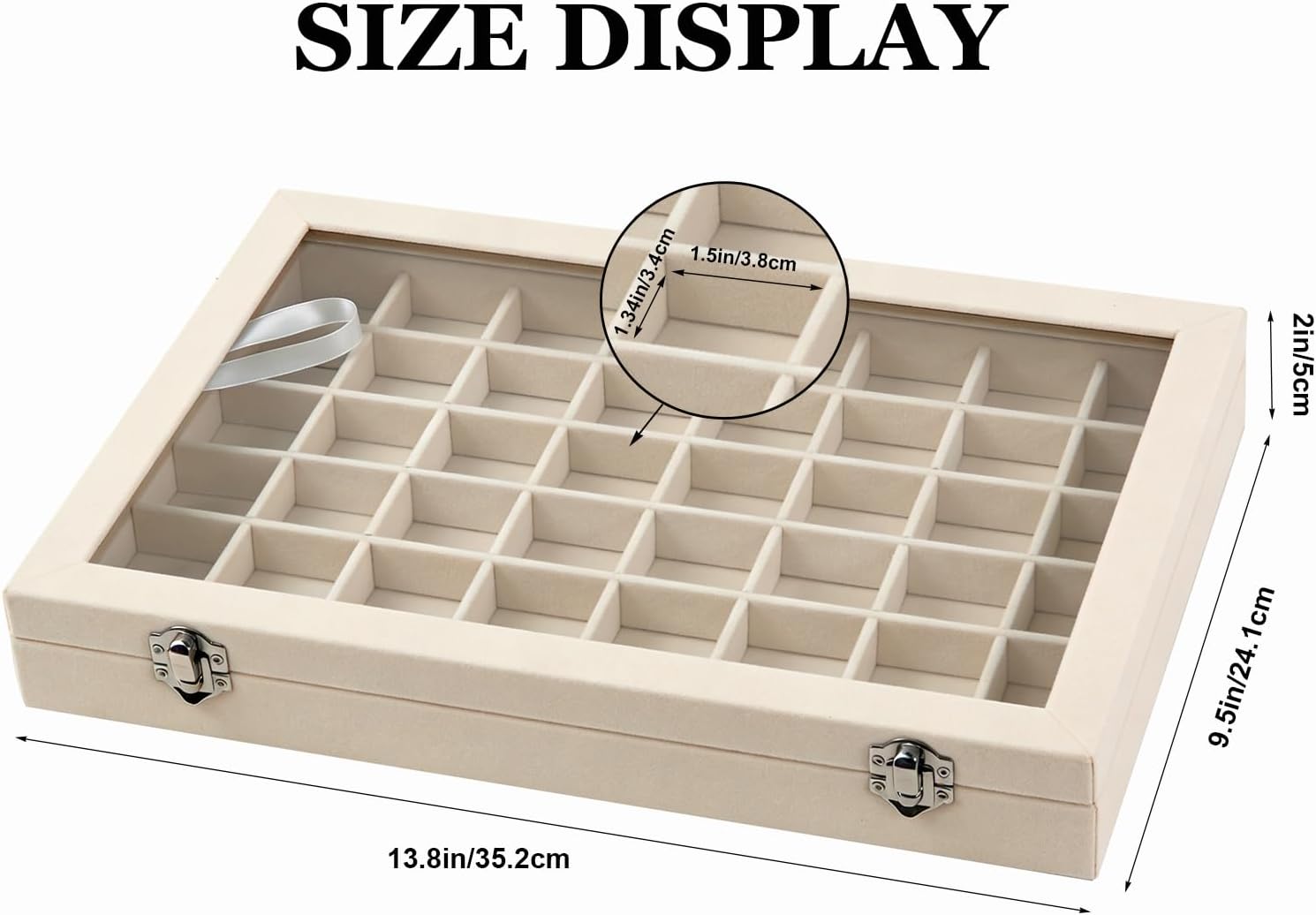 Velvet Jewelry Tray 48 Compartments Jewelry Box Display Organizer with Transparent Cover Earrings, Rings,Necklaces, Pendants Storage Box for Girls, Women,Wife, Mother(Beige)