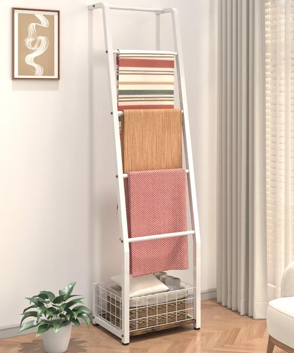 6.3ft Blanket Ladder with Storage Basket, 5 Tier Decorative Ladder Shelf Stand for Living Room & Bedroom, Wall-Leaning Blanket Holder Quilt Rack for Home Décor, Rustic Brown & White