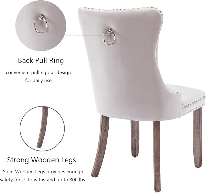 Beige Velvet Dining Chairs Set of 2, Upholstered Dining Room Chairs with Back Ring Pull Trim and Solid Wood Legs, Tufted Wingback Kitchen Chairs for Dining Room,Living Room,Kitchen(Beige)