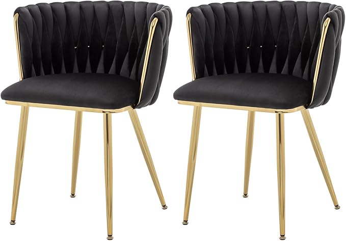 Velvet Dining Chairs Set of 2, Modern Upholstered Woven Dining Chairs with Gold Metal Legs, Modern Accent Chairs for Dining Room, Vanity, Kitchen, Living Room(Black)