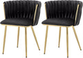 Velvet Dining Chairs Set of 2, Modern Upholstered Woven Dining Chairs with Gold Metal Legs, Modern Accent Chairs for Dining Room, Vanity, Kitchen, Living Room(Black)