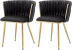 Velvet Dining Chairs Set of 2, Modern Upholstered Woven Dining Chairs with Gold Metal Legs, Modern Accent Chairs for Dining Room, Vanity, Kitchen, Living Room(Black)