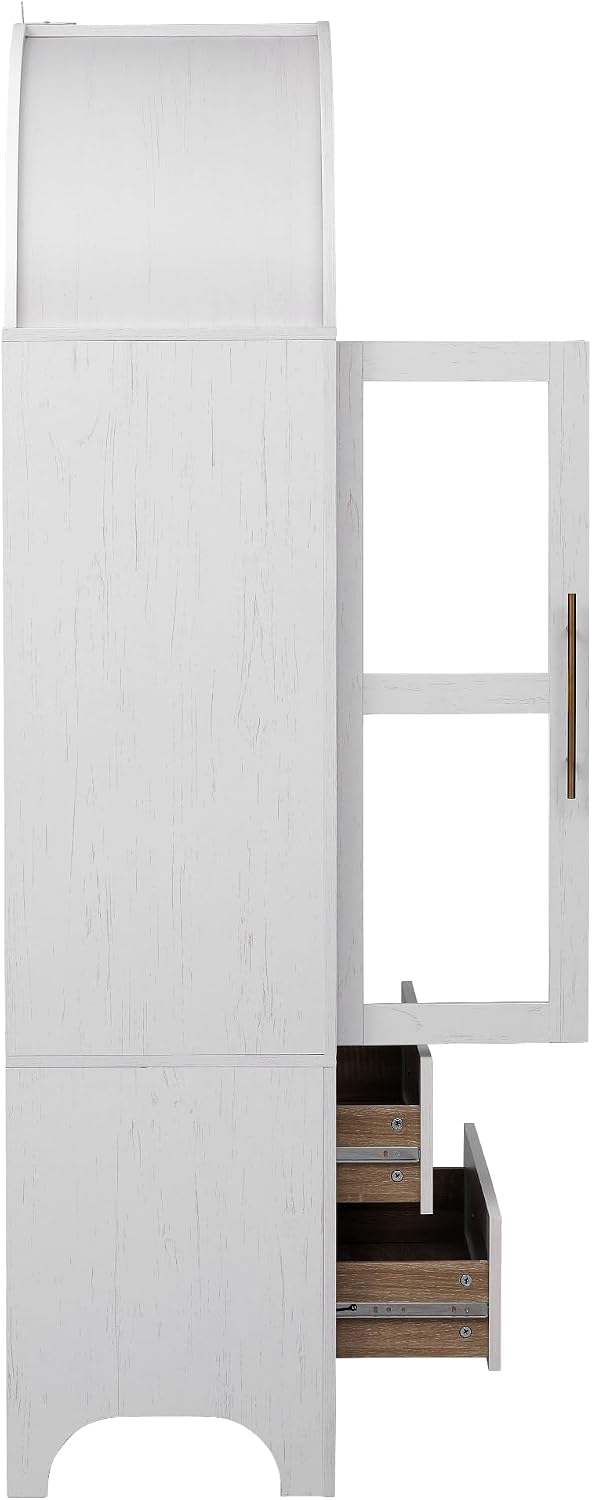 71" White Arched Farmhouse Kitchen Pantry Cabinet with Glass Doors &...