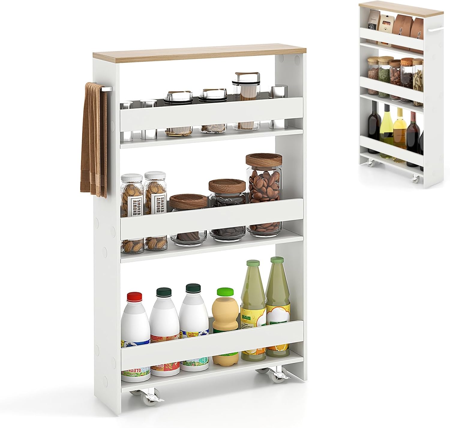 Slim Storage Cart, 4 Tier Rolling Storage Cabinet with 4 Universal Wheels, Convenient Handle, Narrow Laundry Cart for Small Space Bathroom Office