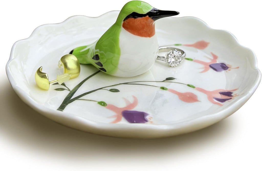 Hummingbird Ceramic Jewelry Tray– Fuchsia Holiday Trinket Plate for Rings, Earrings & Gifts Handmade Ceramic Jewelry Dish.Valentine's Day Mother's Day Any scenario