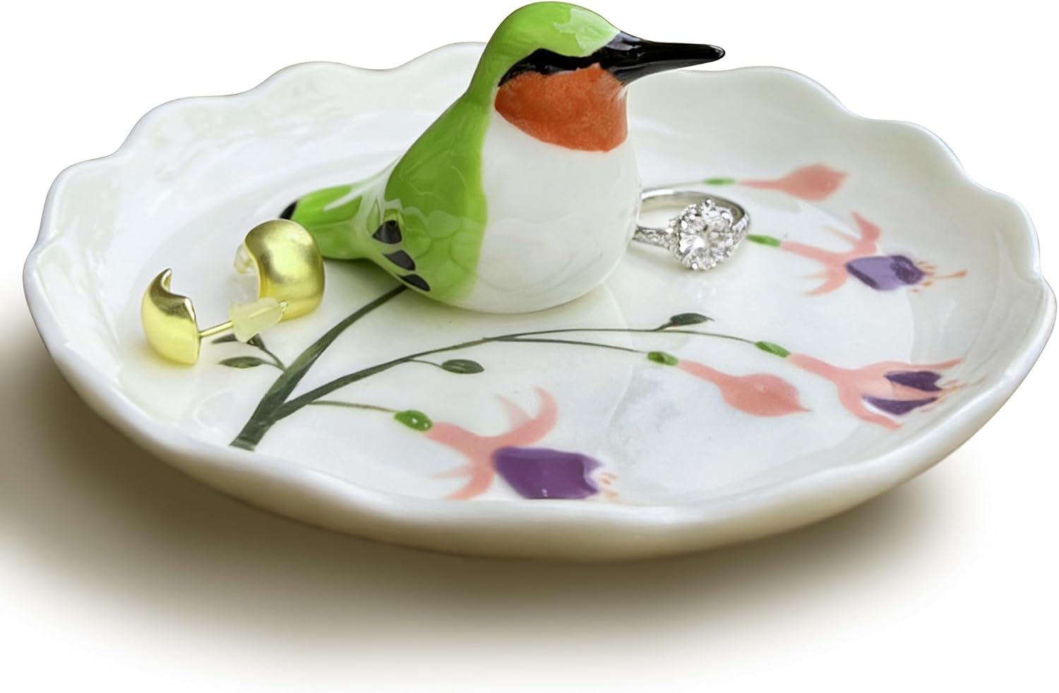 Hummingbird Ceramic Jewelry Tray– Fuchsia Holiday Trinket Plate for Rings, Earrings & Gifts Handmade Ceramic Jewelry Dish.Valentine's Day Mother's Day Any scenario
