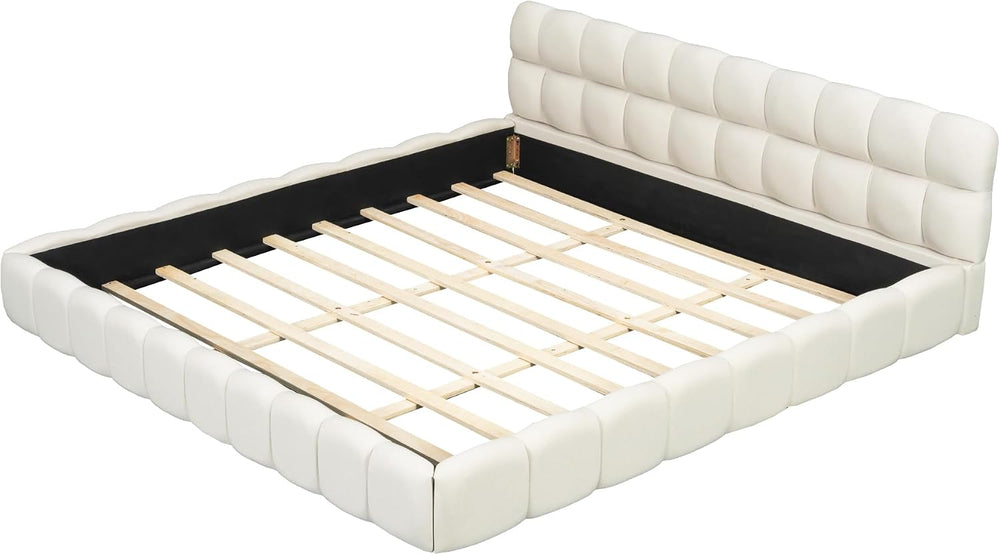 JIJIWANG Queen Platform Bed with Linen Headboard & Footboard, Beige