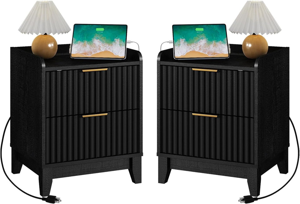 Wnutrees Fluted Nightstand with Charging Station, Modern Bedside Table with 2 Drawers, Farmhouse Wooden End Side Table Living Room, 2 Pack, Black
