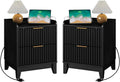 Wnutrees Fluted Nightstand with Charging Station, Modern Bedside Table with 2 Drawers, Farmhouse Wooden End Side Table Living Room, 2 Pack, Black