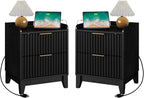Wnutrees Fluted Nightstand with Charging Station, Modern Bedside Table with 2 Drawers, Farmhouse Wooden End Side Table Living Room, 2 Pack, Black
