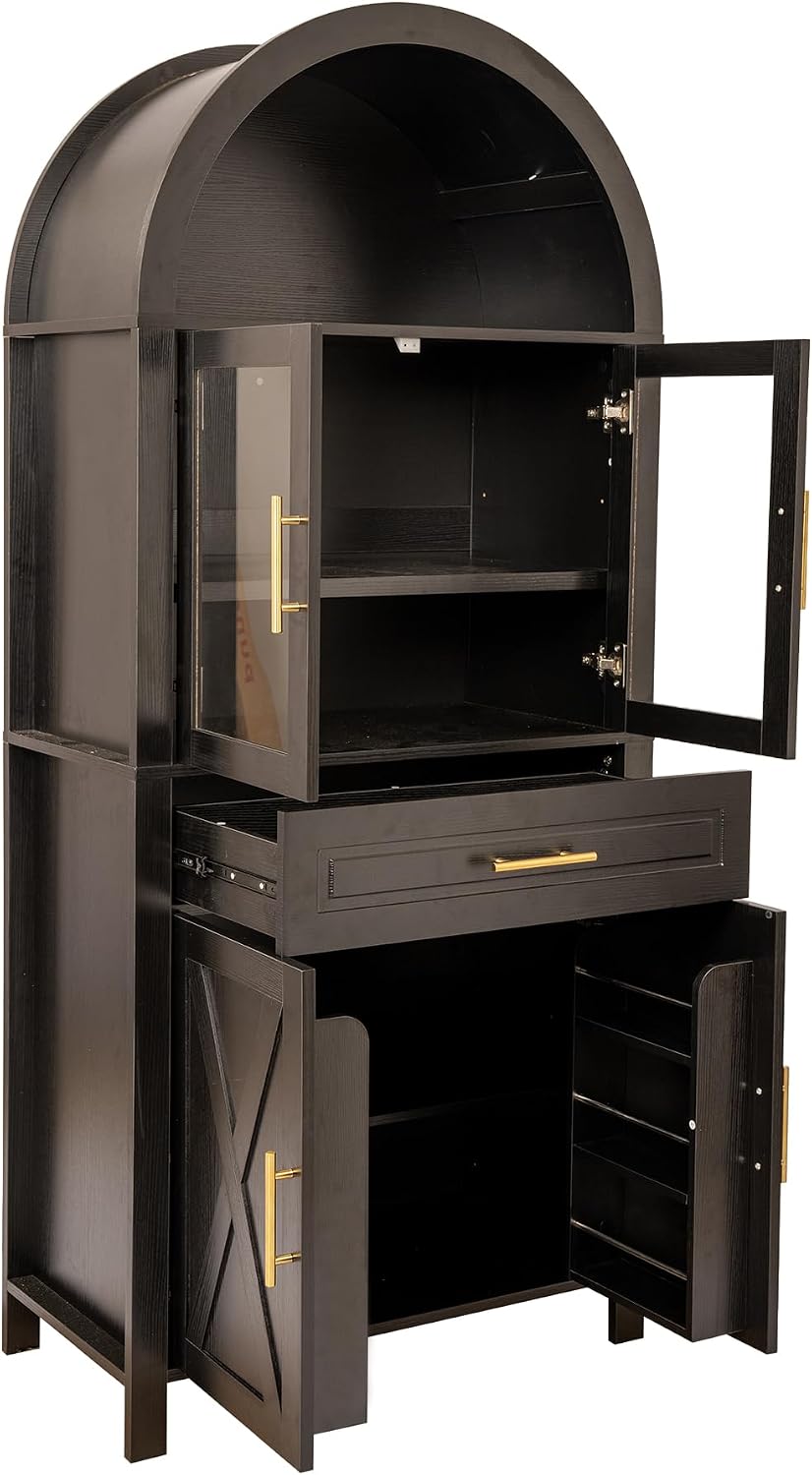 CIATRE 71" Tall Farmhouse Pantry Cabinet with Glass Barn Door, Arched Ki...