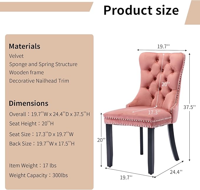 Modern Dining Chairs Set of 2, Tufted Upholstered Dining Chair with Solid Wood Legs, Pink Velvet Accent Chair, Sillas de Comedor, Comfy Kitchen Chairs (Pink, Velvet, 2Pcs)