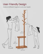 VASAGLE Coat Rack, Free Standing Coat Stand, Hall Coat Tree with 8 Hooks and Storage Shelf, 67.2 Inch Tall, for Coats, Hats, Bags, for Entryway, Hallway, Bedroom, Caramel Brown URCR040K01