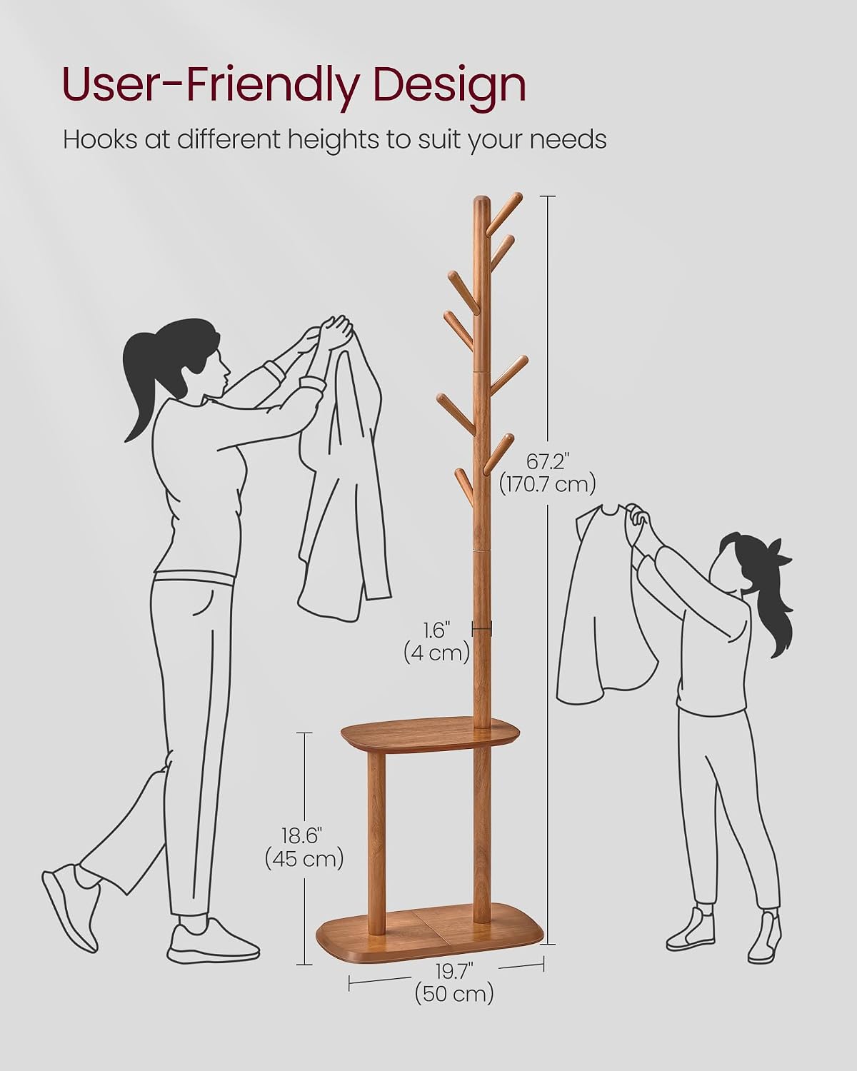 VASAGLE Coat Rack, Free Standing Coat Stand, Hall Coat Tree with 8 Hooks and Storage Shelf, 67.2 Inch Tall, for Coats, Hats, Bags, for Entryway, Hallway, Bedroom, Caramel Brown URCR040K01